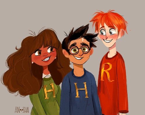 Fan art illustration of Hermione, Harry, and Ron from the Harry Potter series by Anoosha Syed.
